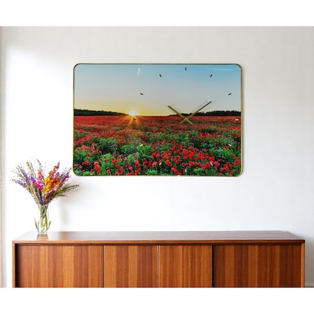 Homeroots 24" Red Blue And Gold Solid Wood and Acrylic Silent Poppies Floral Wall Clock 626579