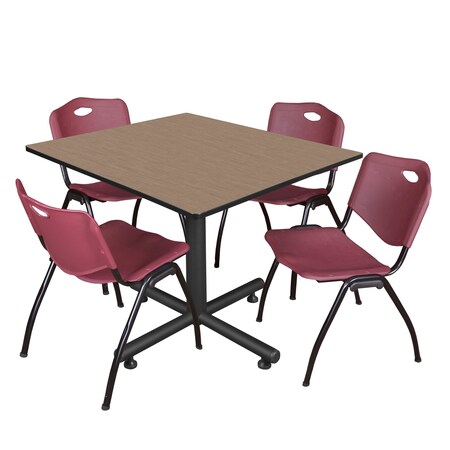 Regency Square Kobe Breakroom Table W/ 4 M Stack Chairs, 48 in W, 48 in L, Noble Oak TKB4848NO47BY