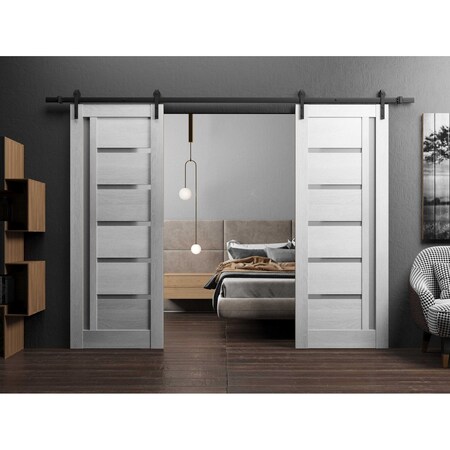 Sartodoors Sturdy Double Barn Door with Frosted Glass Grey 64x96 (2* 32x96) Solid Core Modern Interior QUADRO4088DB-OAK-6496