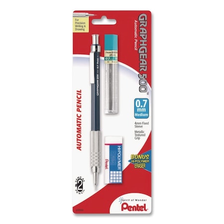 Pentel GraphGear 500 Mechanical Drafting Pencil, 0.7 mm, HB (#2), Black Lead, Black/Silver Barrel PG527LEBP
