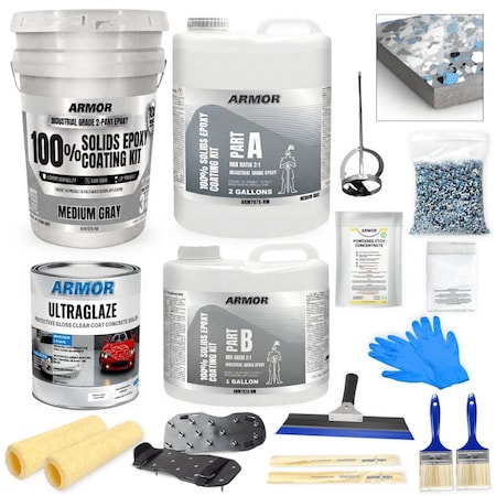 Armorpoxy Epoxy Floor Kit 2-Layer - Medium Flake Broadcast - 600 Sq Ft - Designer Gray TP-KIT-MEDGRAY-L