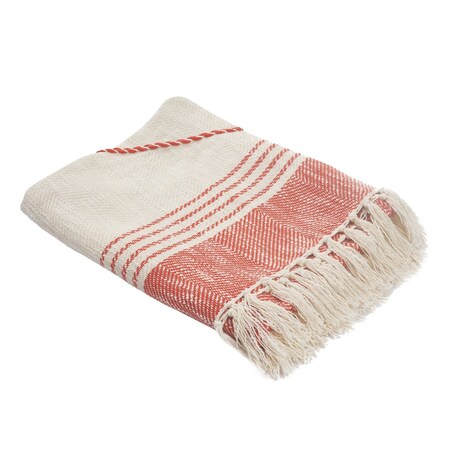 Homeroots 60" X 50" Red Woven Cotton Striped Throw Blanket with Fringe 516481