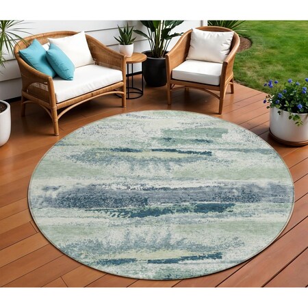 Homeroots 8' Mint Green Ivory And Denim Blue Round Abstract Washable Indoor Outdoor Area Rug 612535