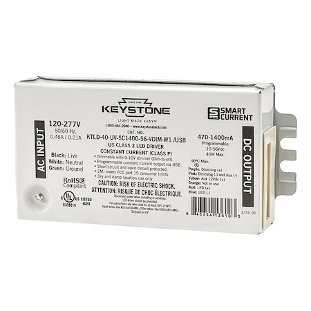 Keystone LED Driver, 0-10V, 5 in - L, 1PK KTLD-40-UV-SC1400-56-VDIM-W1 /USB