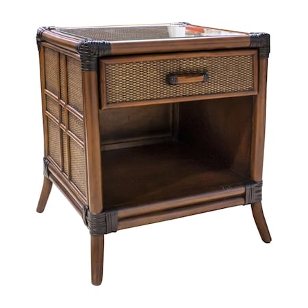 Hospitality Rattan Home Palm Cove 1-Drawer Nightstand with Glass 1102-5644-ATQ-GL