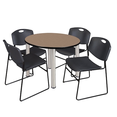 Regency Round Kee Breakroom Table W/ 4 Zeng Stack Chairs, 36 in W, 36 in L, Noble Oak TB36RNDNOBPCM44BK