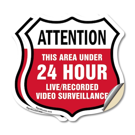Signmission 24 Hour Surveillance Shield Sign Attenti, 4 inch X 4 inch, Vinyl Decal, 2PK SHI-D-2PACK-4-353