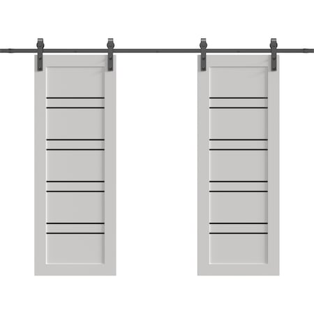 Sartodoors Double Barn Door 84 x 84 inches, BASIC 4901 White with Black Glass, 14FT Rail Track Set, Solid Pa BASIC4901DB-B-WS-8484