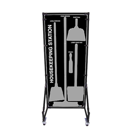 5S Supplies 5S Housekeeping Shadow Board Broom Station Version 1 - Black Board / Gray Shadows HSB-V1-BLACK/GRAY-KIT