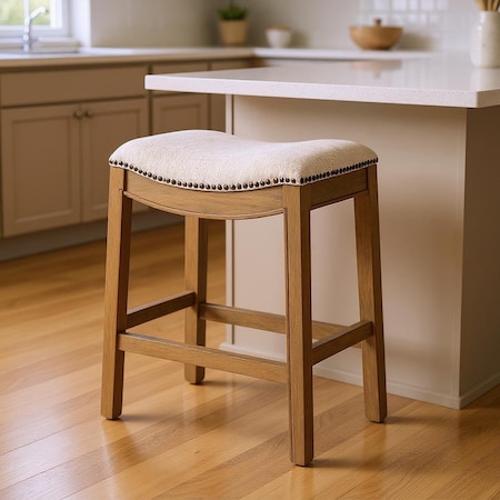 Homeroots 26" Beige and Brown Fabric and Solid Wood Backless Counter Height Bar Chair 632354