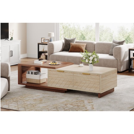 Kioottoo 42.13'' Walnut Oak Extendable Coffee Table, Dual-Tone Table with Sliding Tabletop TB-XK00651