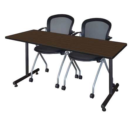 Regency Kobe T-Base Training Seminar Table W/ 2 Cadence Stack Chairs, 72 in W, 24 in L, Neo Walnut MKTRCT7224NW23BK