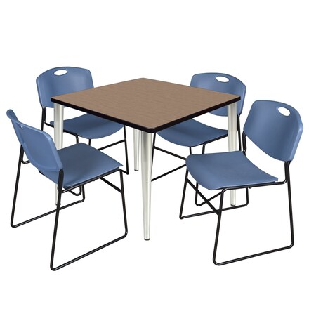 Regency Square Kahlo Breakroom Table W/ 4 Zeng Stack Chairs, 36 in W, 36 in L, Noble Oak TPL3636NOCM44BE