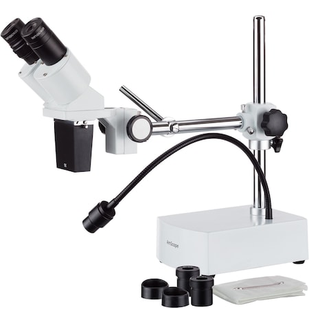 Amscope SE400 Compact Fixed-Lens Binocular Stereo Microscope 10X-15X on Boom-Arm Stand w/Gooseneck LED Ligh SE400-Y