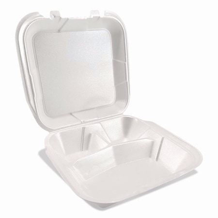 Plastifar Foam Hinged Lid Containers, 3-Compartment, 9 x 10 x 3, White, Foam, 200PK 12083