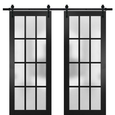 Sartodoors Sturdy Double Barn Door 12 lites, Felicia 3312 Matte Black with Frosted Glass, 13FT Rail Hangers H FELICIA3312DB-BLK-36