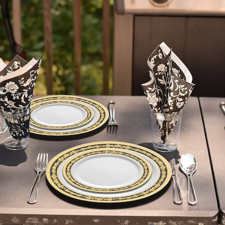 Smarty Had A Party 10.25" White with Black and Gold Royal Rim Plastic Dinner Plates (120 Plates), 120PK 970BG-CASE