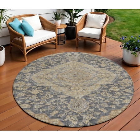 Homeroots 8' Charcoal Gray And Brown Round Oriental Washable Indoor Outdoor Area Rug 605231