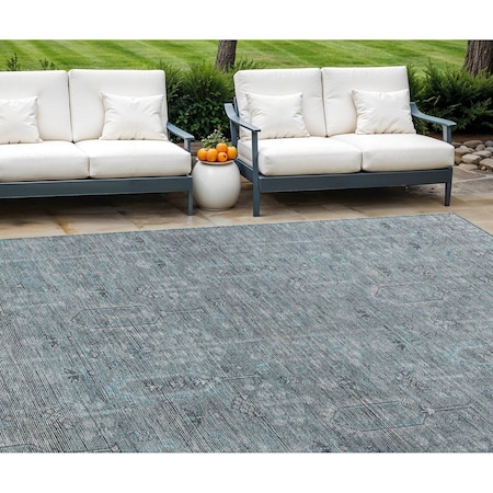 Homeroots 9' X 12' Teal Blue And Gray Southwestern Washable Indoor Outdoor Area Rug 587090