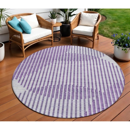 Homeroots 8' Purple Gray And Ivory Round Geometric Washable Indoor Outdoor Area Rug 597657