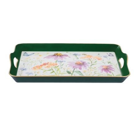 Homeroots 17" Green And White Watercolor Floral Serving Tray With Handles 634497