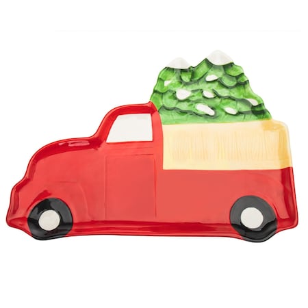 Homeroots 18in Green and Red Red Truck Porcelain China Christmas Serving Tray 517550