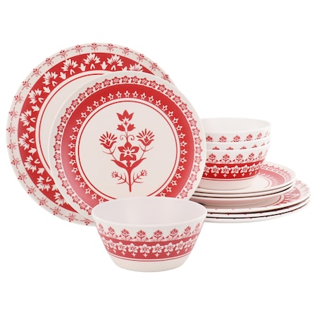 Martha Stewart 12 Piece Round Bamboo Fiber Dinnerware Set in Red 136005.12