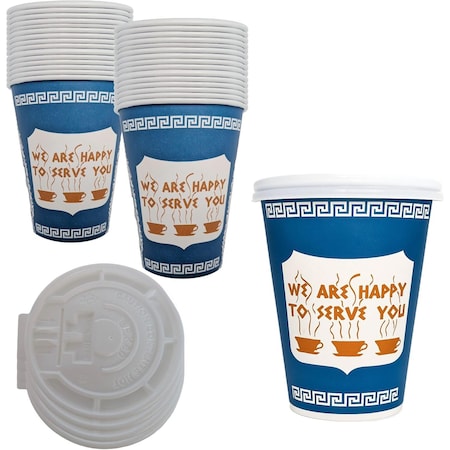 Ecoquality 10oz Insulated Paper Hot Cups With White Flat Lids New York Greek Design Cups, 250PK EQ10OZANGPCWFL-250