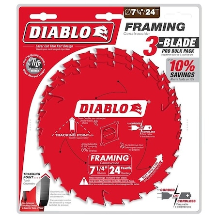 Diablo Saw Blade, 7-1/4 in Dia, 5/8 in Arbor, 24-Teeth, Applicable Materials: Wood D0724X3