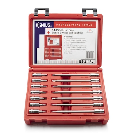 Genius Tools 14PC 1/4in Dr. Slotted & Philips Long Bit Socket Set BS-214PL