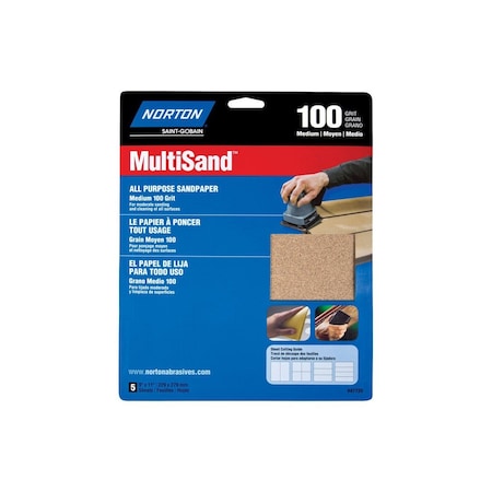 Norton MultiSand Abrasive Sheet, 11" L x 9" W, P100 Medium Grit, Aluminum Oxide Abrasive, 5PK 07660747735