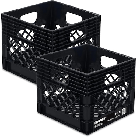 Ramtuff Milk Crates - Heavy Duty Stackable Storage w/ Reinforced Handles, 250 lb, Black, 2PK 606525