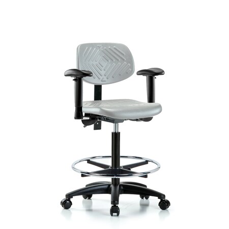 Blue Ridge Ergonomics Poly Chair-High Bench Ht with Seat Tilt, Adjustable Arms, Chrome Foot Ring, & Casters in Gray Poly PHBCH-RG-T1-A1-CF-RC-GRY