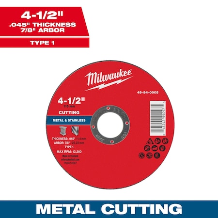 Milwaukee Tool Cut-Off Wheel, 7/8" Sz, 4 1/2" dia. 49-94-0005