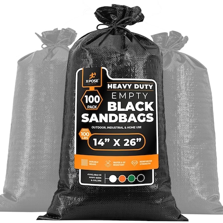 Xpose Safety Woven Poly Sand Bags for Flooding, 14 x 26 Heavy Duty 100 lb WL, Empty, Black, Pack of 100, 100PK SBB-HVY-1426-100-X-S
