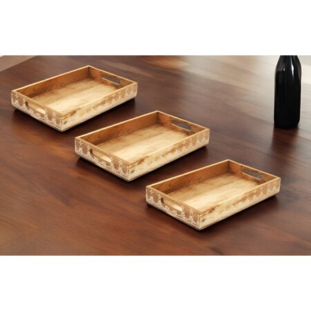 Homeroots Set of Three Natural Rectangular Solid Wood Floral Handmade Serving Tray With Handles 526350