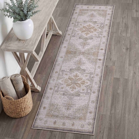 Jonathan Y Eleanor Vintage Medallion Border Non-Slip Machine-Washable Cream/Beige 2 ft. x 8 ft. Runner Rug VOR100F-28