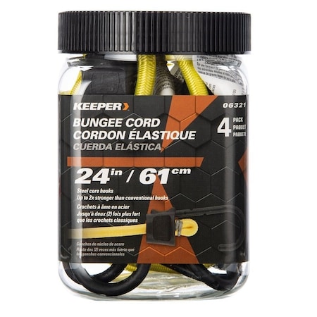 Keeper Bungee Cord, 24 in L, Rubber, Yellow, Hook End 06321