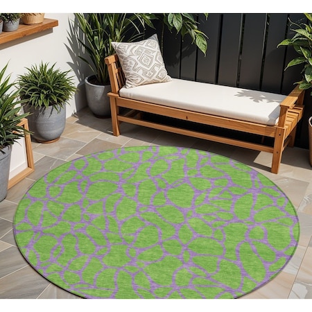 Homeroots 8' Lime Green And Purple Round Geometric Washable Indoor Outdoor Area Rug 599210