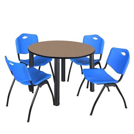 Regency Round Kee Breakroom Table W/ 4 M Stack Chairs, 48 in W, 48 in L, Noble Oak TB48RNDNOBPBK47BE
