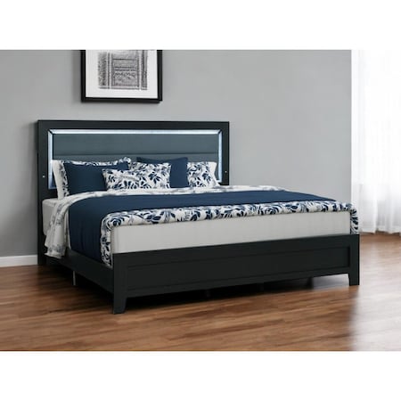 Homeroots Black and Gray Wood And Velvet Lighted King Bed Frame 564743