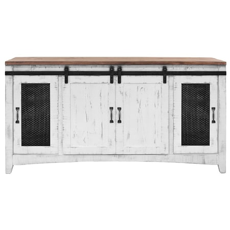 Homeroots 68" White Solid Wood Cabinet Enclosed Storage Distressed TV Stand 528704