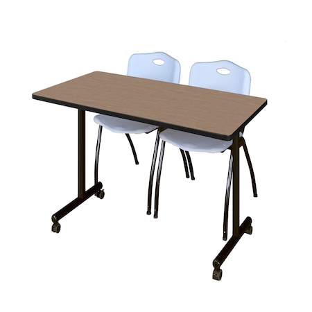 Regency Kobe Mobile T-Base Training Table W/ 2 M Stack Chairs, 48 in W, 24 in L, Noble Oak MKTRCC4824NO47GY