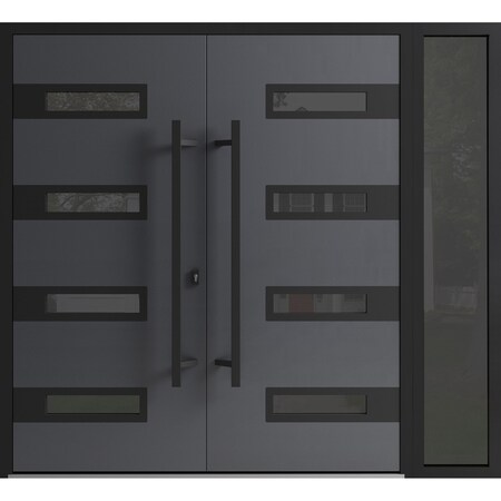 Vdomdoors Front Exterior Prehung Aluminum Double Doors Ronex0131 Grey 1 Sidelight Mirrored Clear Glass Entry RONEX0131DEXD-GRE-W72+12xH80-RH-I