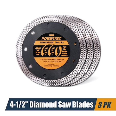 Powertec 4-1/2 Inch Diamond Saw Blades for Angle Grinder, Super Thin Turbo Mesh Rim Tile Blades, 3PK 14000-P3