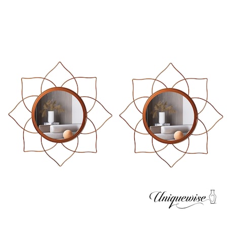 Uniquewise Pack of 2 Decorative 12.25-inch Flower Shape Rose Gold Metal Frame Mirror - Perfect for Living QI004581.2
