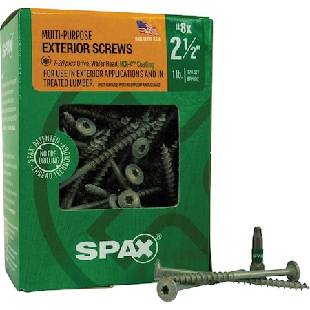 Spax No.8x2-1/2'' T20 Plus Wafer Head HCR-X, Exterior Rated Wood Screw, 120 Ct. 4281670400604