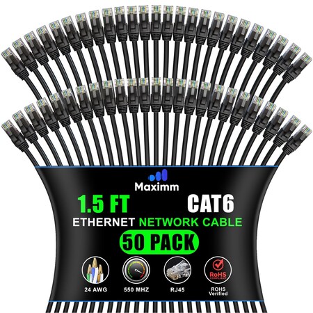Maximm Cat6 Ethernet Cable 1.5ft 10Gbps 550MHz UTP, 50PK, Black, 50PK BK50PK03