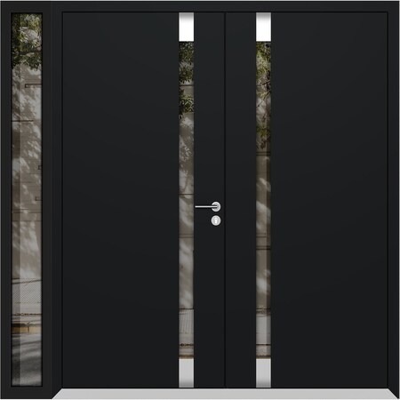 Vdomdoors Aluminum Double Doors Cynex 6777 Black 1 Sidelight Mirrored Clear Glass Modern Painted 86x96 (W72+1 CYNEX6777DEXD-BLK-W72+14xH96-LH-I