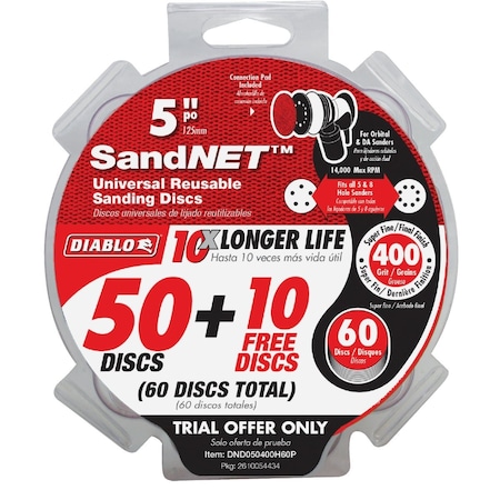 Diablo SandNet 5'' 400 Grit Reusable Sanding Disc with Connection Pad, 50PK DND050400H60P